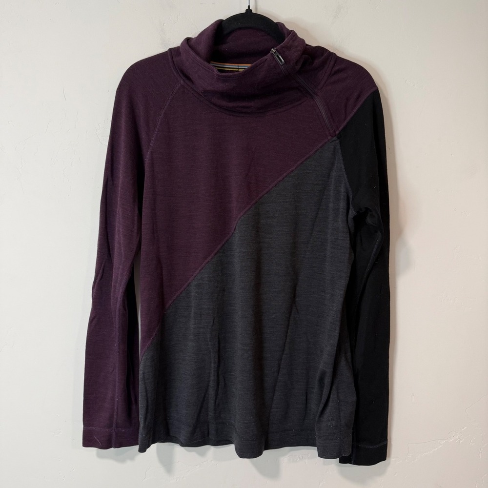 Smartwool Womens Merino 250 Asym Pullover XL Purple Black Wool Asymmetrical Zip